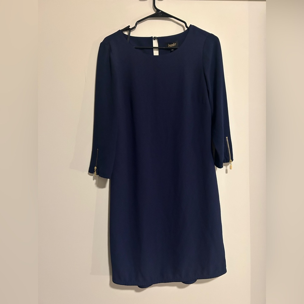 Laundry By Shelli Segal Navy Shift Dress Gold Zip-Sleeves Cocktail Lightweight